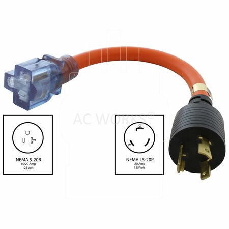 Ac Works 1FT 20A 3-Prong L5-20P Plug to 15/20A Household T-Blade Lighted Connector L520520-012